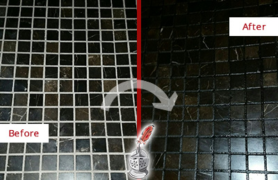 Sir Grout Recolored the Grout of this Dunellen Black Tile Floor Before and After Picture of a Dunellen Black Floor with Recolored Grout