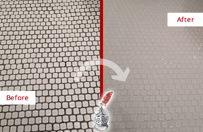 Sir Grout Recolors the Grout of this Dunellen White Mosaic Tile Before and After Picture of a Dunellen White Mosaic Tile Recolored Grout
