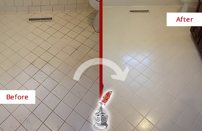 Sir Grout Seals the Grout of this Dresher White Bathroom Floor for Extra Protection Before and After Picture of a Dresher White Bathroom Floor Grout Sealed for Extra Protection