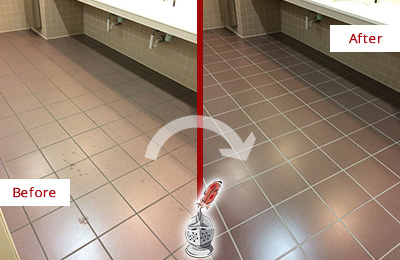 Sir Grout Seals the Grout on this Dresher Office Restroom to Refresh Its Look Before and After Picture of Dirty Dresher Office Restroom with Sealed Grout