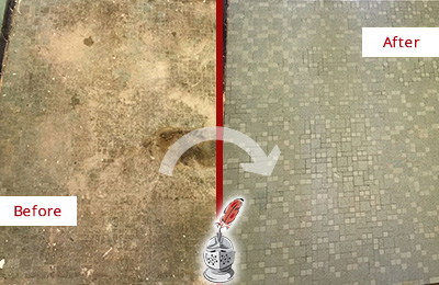 Sir Grout Cleans this East Greenville Mosaic Shower Cleaned to Eliminate Embedded Dirt Before and After Picture of a East Greenville Mosaic Shower Cleaned to Eliminate Embedded Dirt